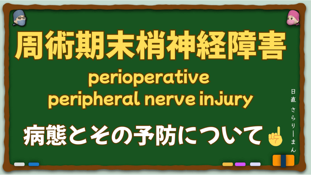 手術体位と末梢神経障害の関係を示す医学教育用イラスト。仰臥位・砕石位・腹臥位での神経圧迫リスク部位と予防策を視覚的に解説した麻酔科専門医向けの教育コンテンツ。